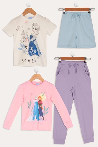 4'lü Frozen Baskılı Pudra Tshirt Şort Pantolon Takım ürün görseli 1