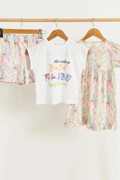 3'lü Tshirt Elbise Şort Sarı Takım - Resim 4