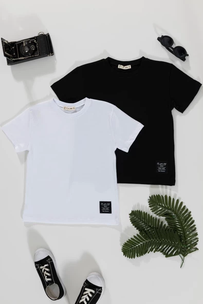 2'li Etiket Detaylı Siyah Beyaz T-shirt ürün görseli 1