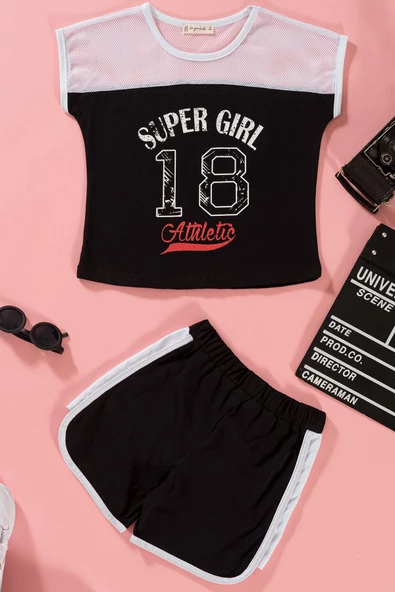 File Detaylı Baskılı Siyah Tshirt Şort Takım ürün görseli 1