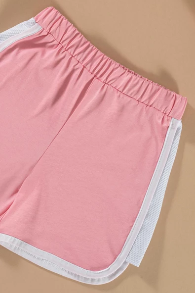 File Detaylı Baskılı Pembe Tshirt Şort Takım - Resim 3