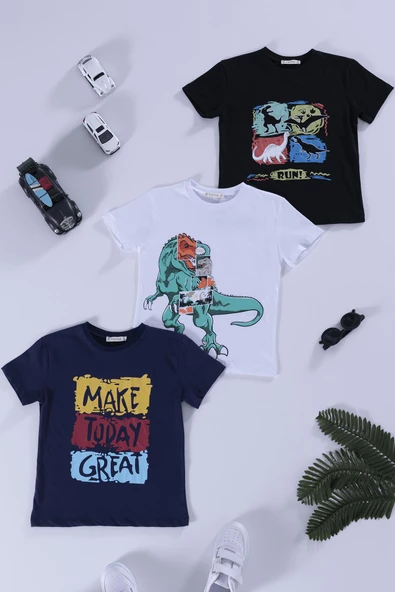 3'lü Dinazor Baskılı Siyah Lacivert Beyaz Tshirt ürün görseli 1