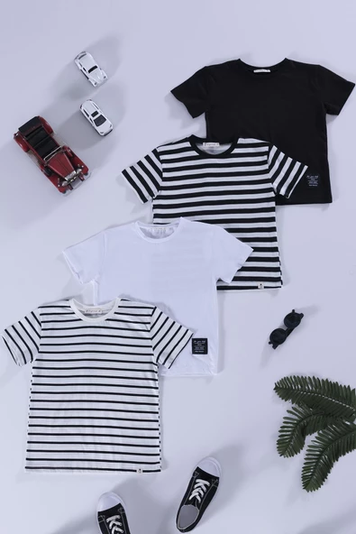 4'lü  Etiket Detaylı Cizgili Siyah Beyaz Tshirt ürün görseli 1