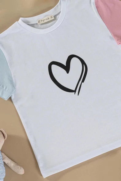 Kalp Baskılı Pembe Tshirt Şort Takım - Resim 2