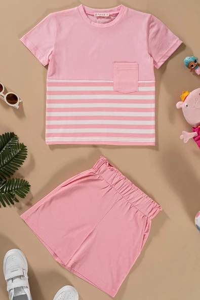 Çizgili Garnili Cepli Pembe Tshirt Şort Takım ürün görseli 1