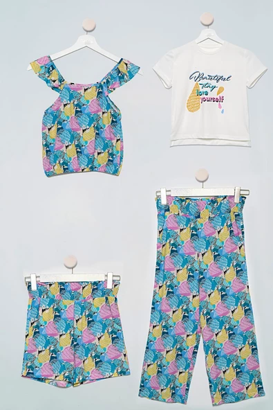 4'lü Bluz Tshirt Pantolon Şort Sarı Takım ürün görseli 1
