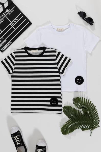 2'li Emoji Cizgili Siyah Beyaz Tshirt ürün görseli 1