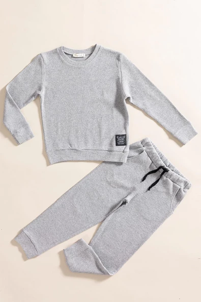 2'li Pamuk Waffle Sweat Jogger Koyu Gri Alt Üst Takım ürün görseli 1