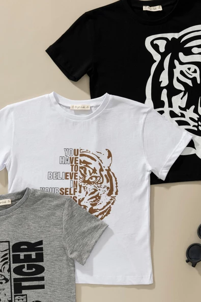 3'lü Kaplan Baskılı Siyah Beyaz Gri Tshirt - Resim 2