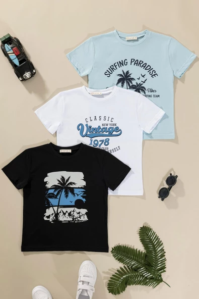 3'lü Safari Baskılı Siyah Beyaz Mavi Tshirt ürün görseli 1
