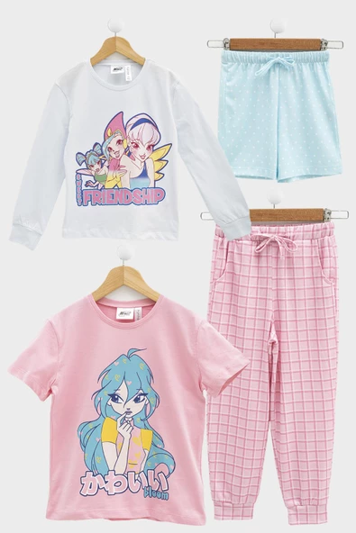 4'lü Winx Baskılı Tshirt Şort Pantolon Beyaz Takım ürün görseli 1