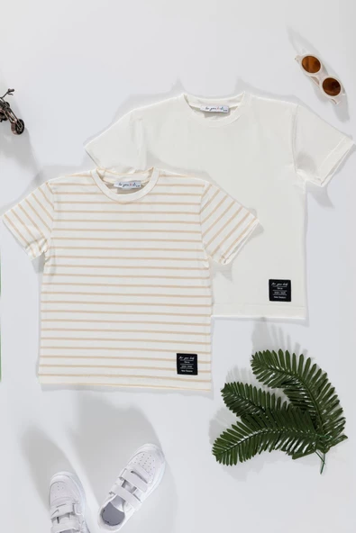2'li Etiket Detaylı Cizgili Taş Ekru T-shirt ürün görseli 1