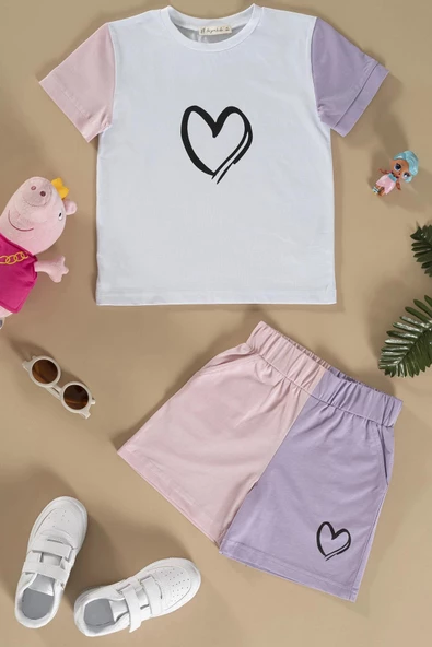 Kalp Baskılı Lila Tshirt Şort Takım ürün görseli 1