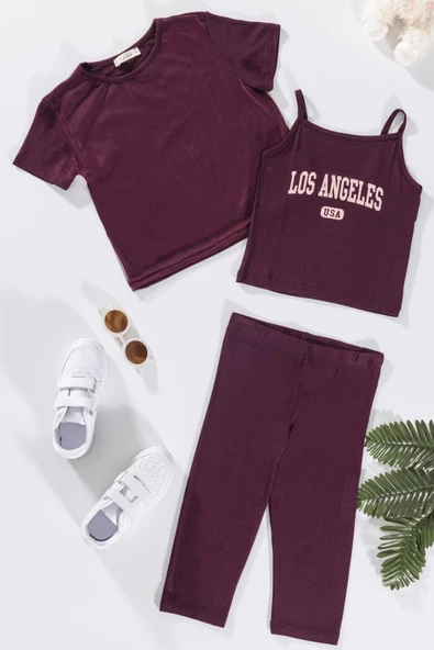 3'lü Los Angeles Baskılı Tshirt Atlet Tayt Bordo Takım ürün görseli 1