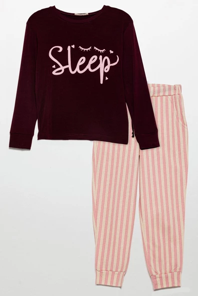 Sleep Baskılı Doğal Viskon Bordo Pijama Takımı ürün görseli 1