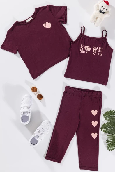 3'lü Love Baskılı Tshirt Atlet Tayt Bordo Takım ürün görseli 1
