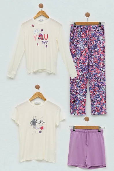 4'lü You Çicek Baskılı Lila Pijama Takım ürün görseli 1