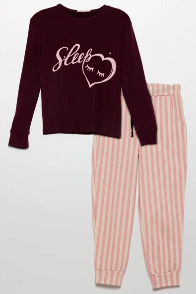 Sleep Kalp Baskılı Doğal Viskon Bordo Pijama Takımı ürün görseli 1