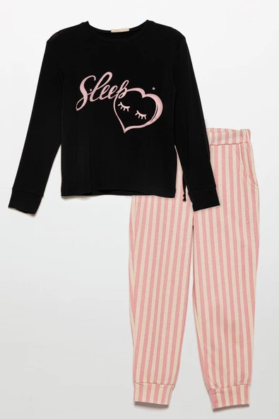Sleep Kalp Baskılı Doğal Viskon Siyah Pijama Takımı ürün görseli 1