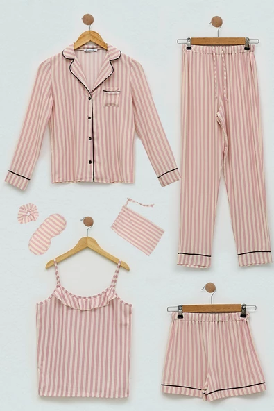 7'li Viskon Biyeli Çizgili Fuşya Pijama Takımı ürün görseli 1