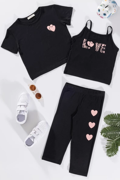 3'lü Love Baskılı Tshirt Atlet Tayt Siyah Takım ürün görseli 1