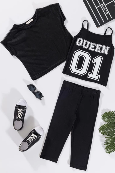 3'lü Queen Baskılı Siyah Tshirt Atlet Tayt Siyah Takım ürün görseli 1