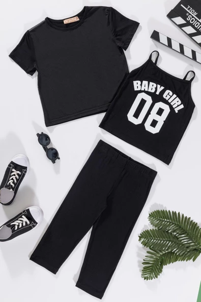 3'lü Baby Girl Baskılı Tshirt Atlet Tayt Siyah Takım ürün görseli 1