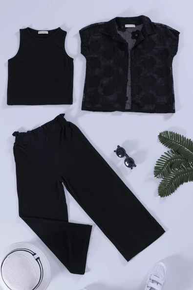 3'lü Çiçek Brodeli Siyah Gömlek Tshirt Pantolon Takım ürün görseli 1