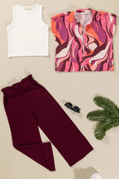 3'lü Desenli Gömlek Tshirt Pantolon Bordo Takım ürün görseli 1