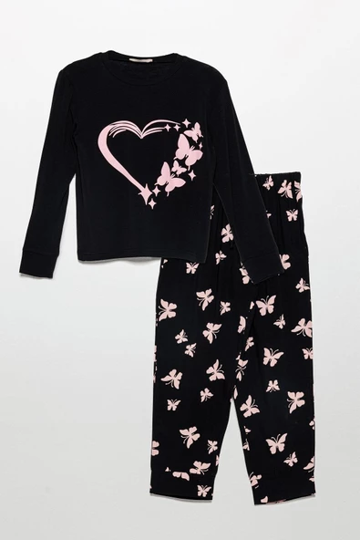 Kelebek Baskılı Doğal Viskon Siyah Pijama Takımı ürün görseli 1