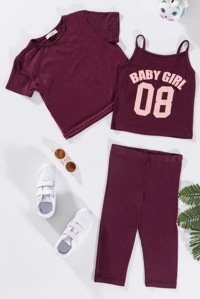 3'lü Baby Girl Baskılı Tshirt Atlet Tayt Bordo Takım ürün görseli 1