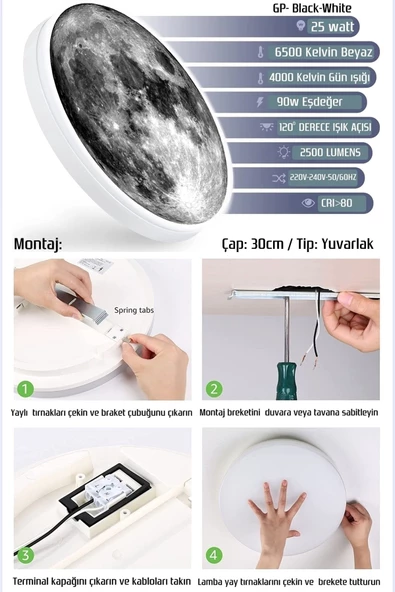 Gökyüzü Panel Moon Led Aplik 30 cm Çap 25watt - Resim 3