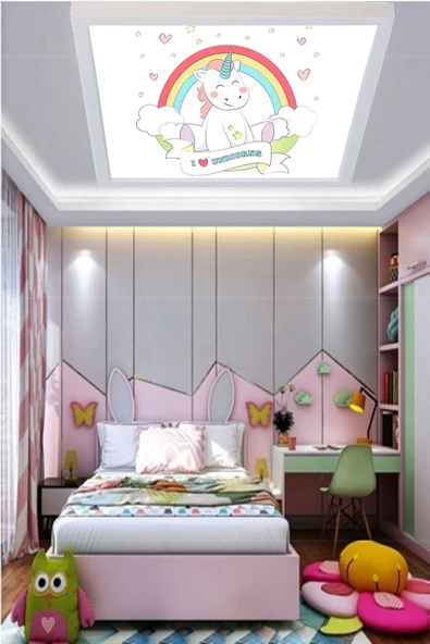 Gökyüzü Panel Unicorn Bebek Odası Avize Kare Beyaz Çerçeve ürün görseli 1