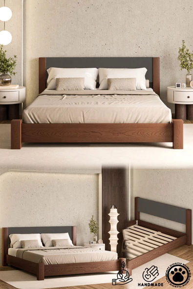 WOODMAN FURNITE & WOOD IRON TROPIC CEVİZ BOYALI TEK VE ÇİFT KİŞİLİK AMERİKAN ÇAMI MASİF AHŞAP KARYOLA ANTRASIT PUF BAŞLIK ürün görseli 1