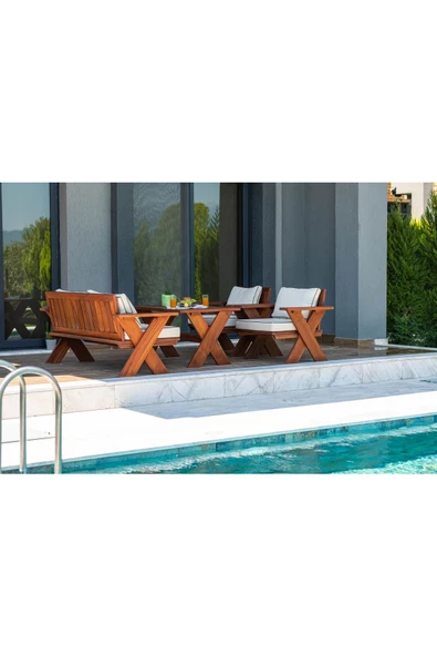 WOODMAN FURNITE & WOOD 4 Kişilik Sehpalı Orta Masalı Ahşap Bahçe Balkon Oturma Takımı Masif Maun Ağacı ürün görseli 1