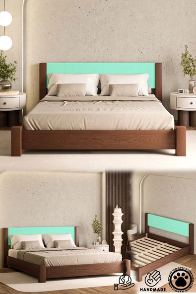 WOODMAN FURNITE & WOOD IRON TROPIC CEVİZ BOYALI TEK VE ÇİFT KİŞİLİK AMERİKAN ÇAMI MASİF AHŞAP KARYOLA TURKUAZ PUF BAŞLIK ürün görseli 1