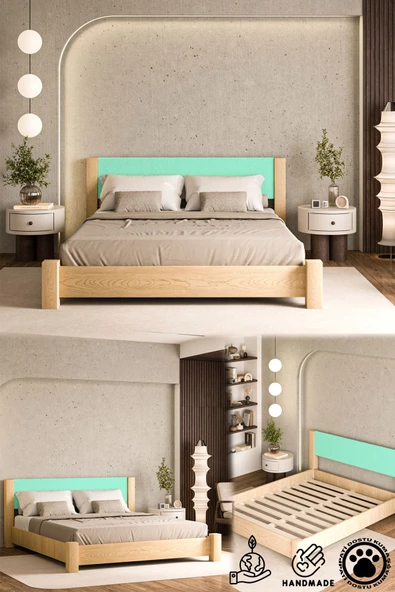 WOODMAN FURNITE & WOOD Iron Natura Parlak Vernikli Tek Ve Çift Kişilik Amerikan Çamı Masif Ahşap Karyola TURKUAZ Puf Başlık ürün görseli 1