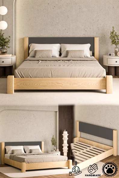 WOODMAN FURNITE & WOOD Iron Natura Mat Vernikli Tek Ve Çift Kişilik Amerikan Çamı Masif Ahşap Karyola ANTRASİT Puf Başlık ürün görseli 1