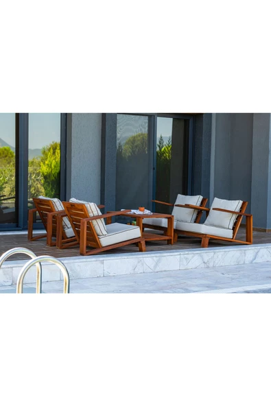 WOODMAN FURNITE & WOOD PERLA TROPİK 4 KİŞİLİK SEHPALI ( ORTA MASALI ) AHŞAP BAHÇE BALKON OTURMA TAKIMI MASİF MAUN AĞACI ürün görseli 1