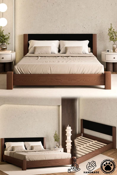 WOODMAN FURNITE & WOOD IRON TROPIC CEVİZ BOYALI TEK VE ÇİFT KİŞİLİK AMERİKAN ÇAMI MASİF AHŞAP KARYOLA SİYAH PUF BAŞLIK ürün görseli 1
