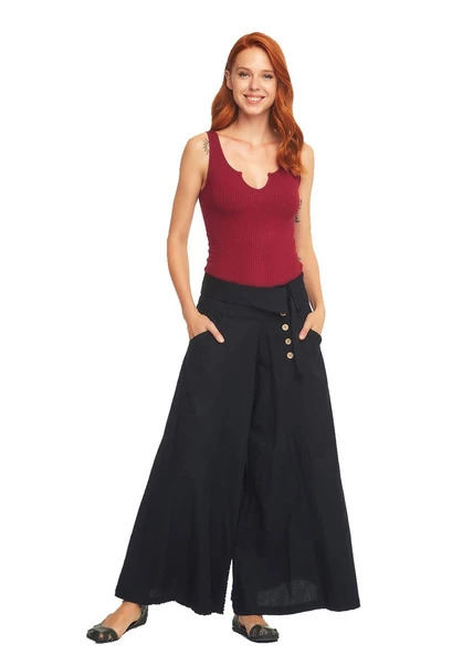 Düşük Bel Düğmeli Bol Paça Pantolon - Resim 5