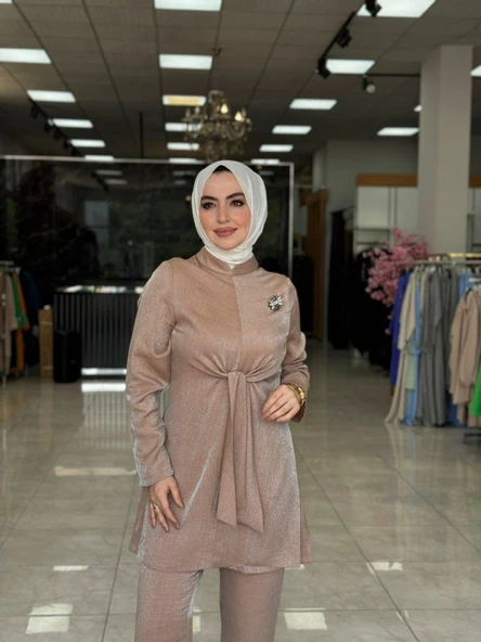 Kuşak Detaylı Takım Vizon - Resim 3