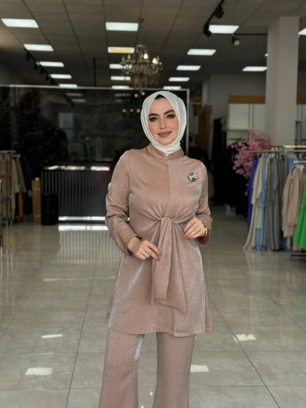 Kuşak Detaylı Takım Vizon - Resim 2