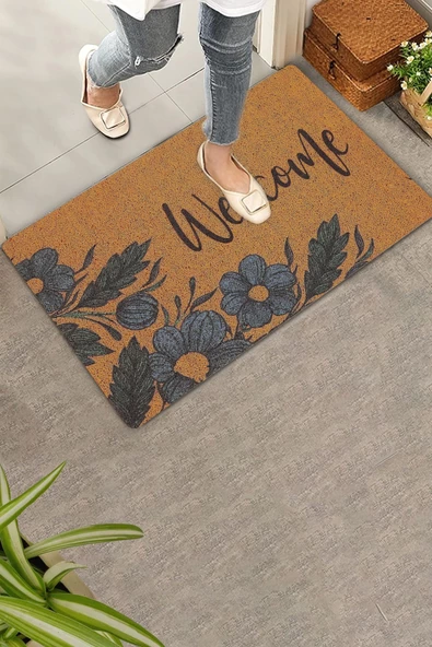 Valerine Life Lacivert Papatya Çiçekli Welcome Hoş Geldiniz Kapı Önü Paspası 45x70cm ürün görseli 1