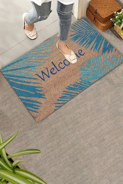 Valerine Life Mavi Palmiye Yapraklı Welcome Hoş Geldiniz Kapı Önü Paspası 45x70cm ürün görseli 1