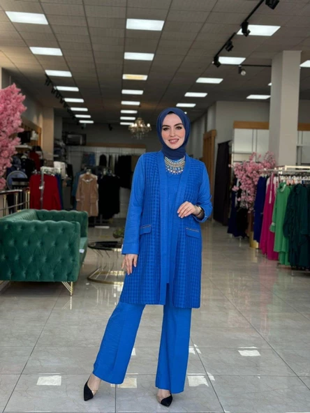 Üçlü Keten Takım Saks Mavisi ürün görseli 1