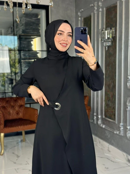 Kuş Gözü Detaylı Elbise-Siyah - Resim 3