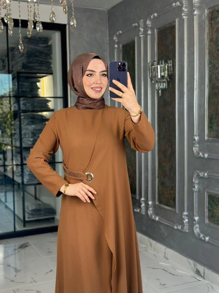 Kuş Gözü Detaylı Elbise-Taba - Resim 3