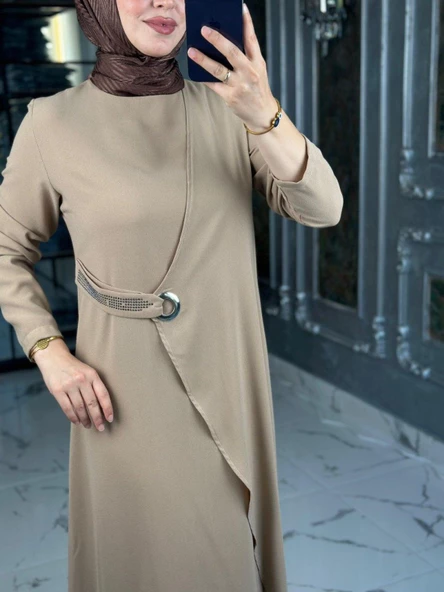 Kuş Gözü Detaylı Elbise-Vizon - Resim 4