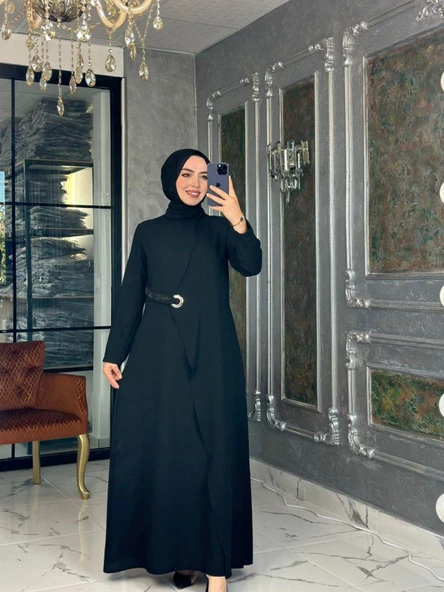 Kuş Gözü Detaylı Elbise-Siyah ürün görseli 1